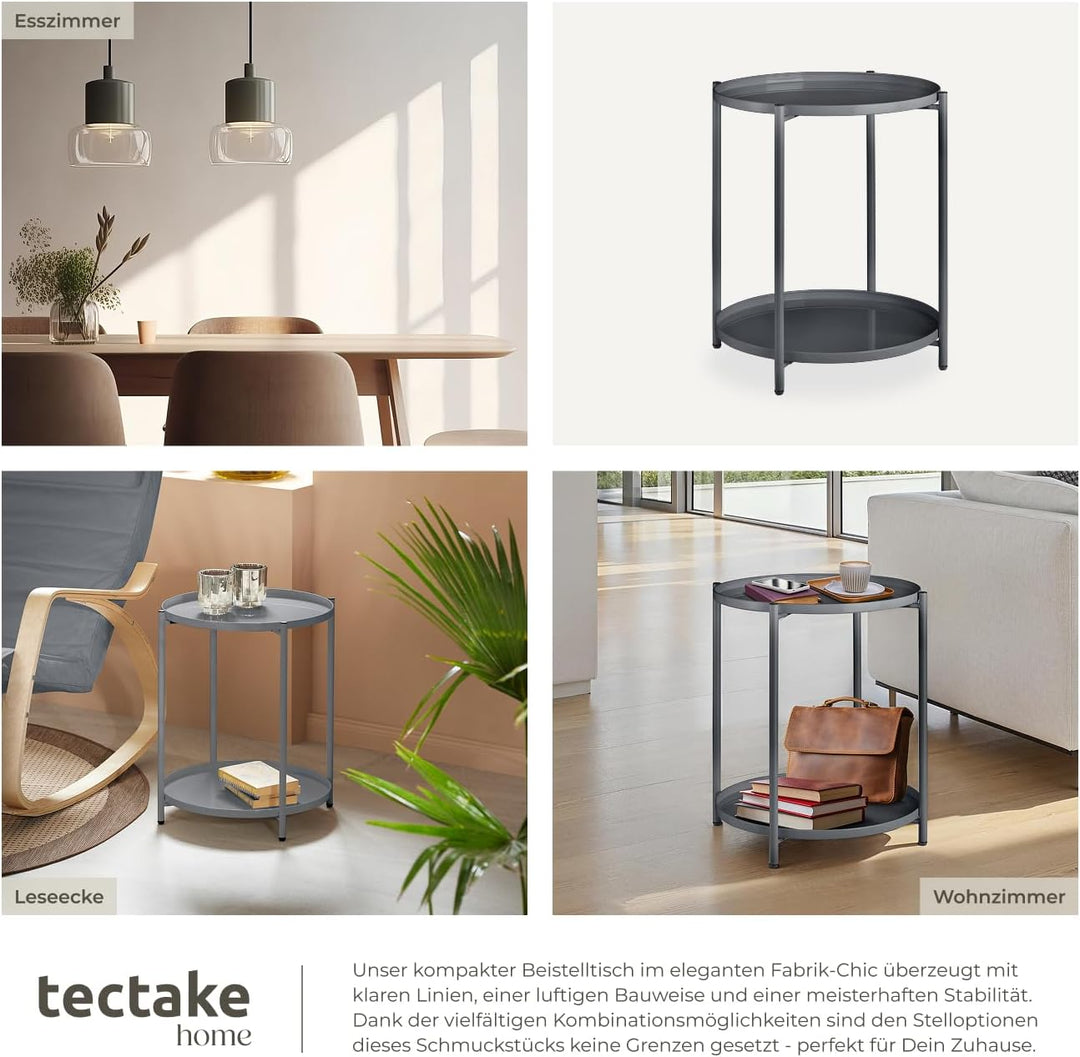 tectake 800913 Beistelltisch rund aus Metall, abnehmbare Tabletts, Couchtisch mit Zwei Ebenen, rusti