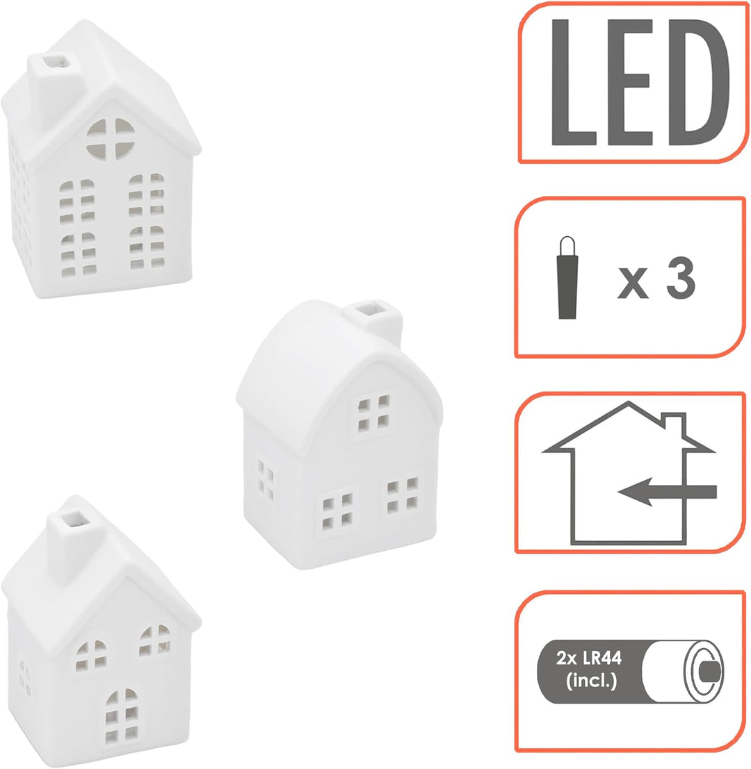 LED Keramik Haus weiss 9 cm - 3er Set - Deko Weihnachtsdorf mit Beleuchtung in warm weiss - Weihnach