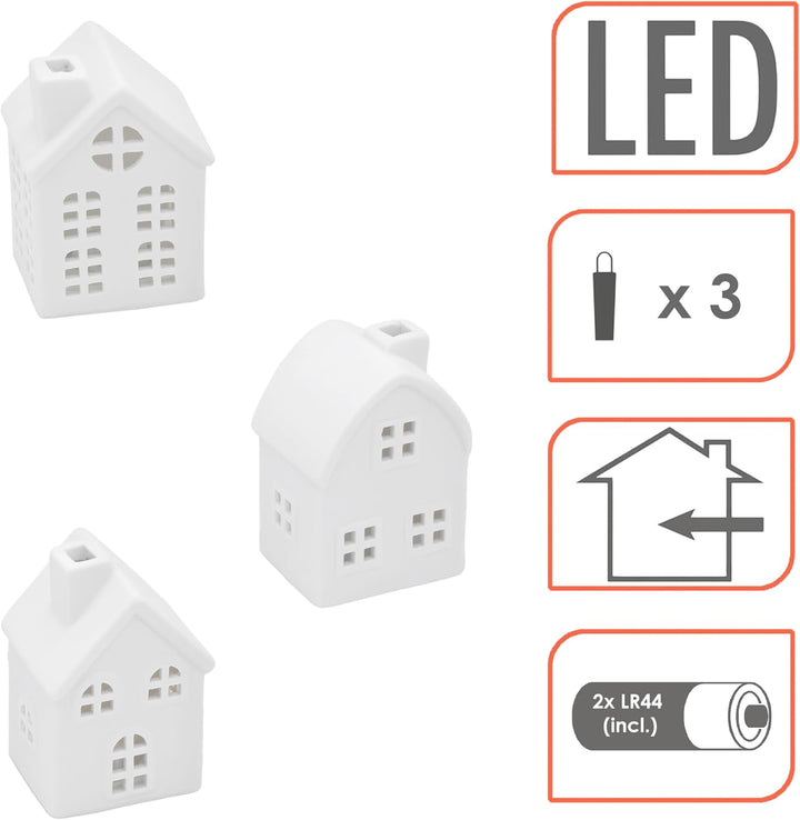 LED Keramik Haus weiss 9 cm - 3er Set - Deko Weihnachtsdorf mit Beleuchtung in warm weiss - Weihnach