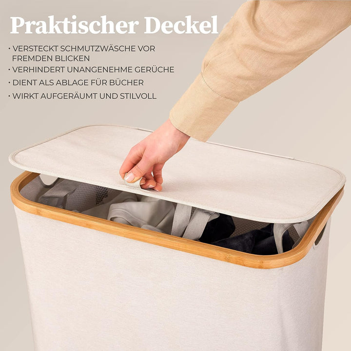HENNEZ Wäschekorb mit Deckel 2 Fächer Wäschekorb Beige - Grau 140L Wäschesack schmal - Wäschesortier