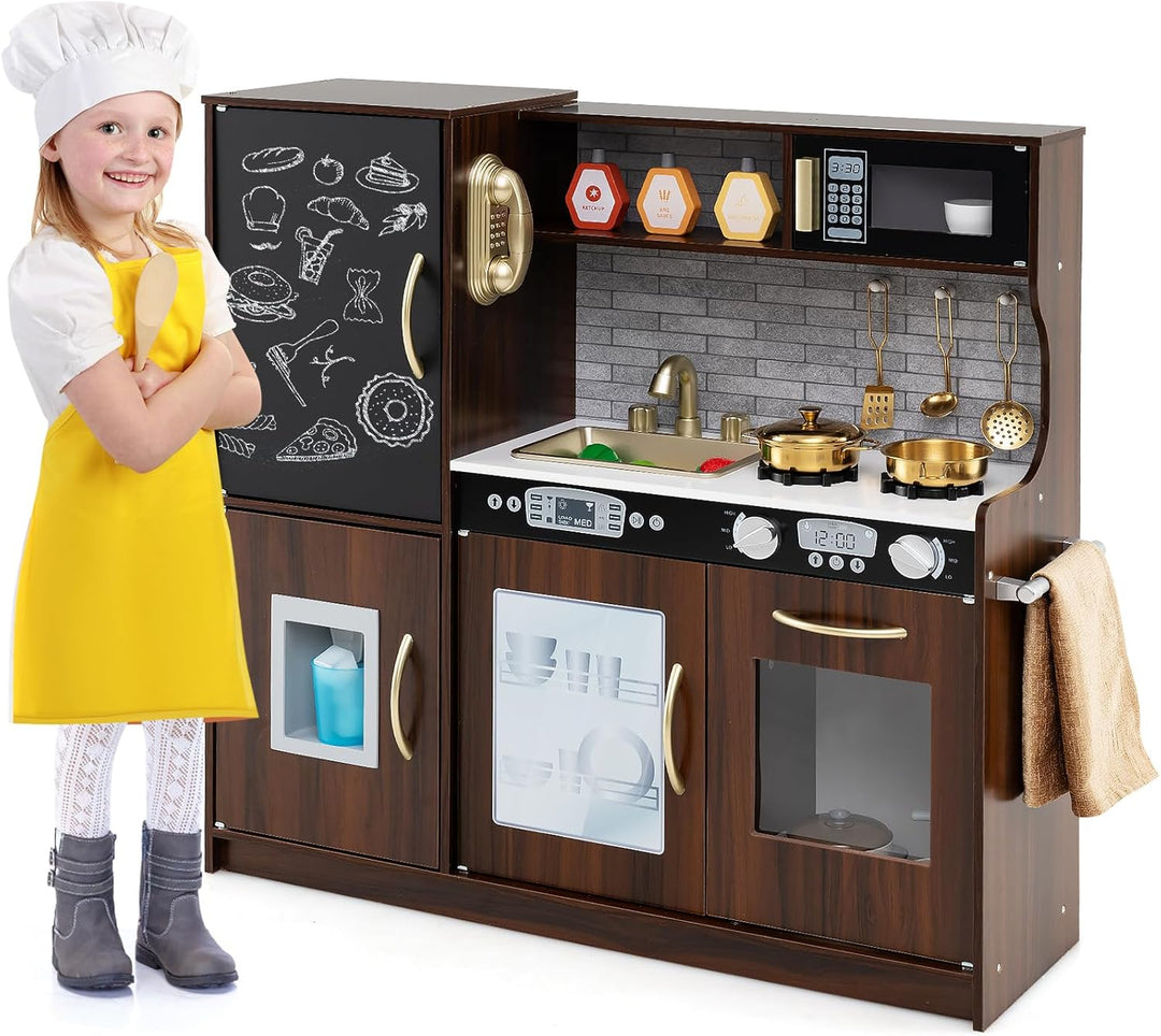 HOMASIS Spielküche mit 10 Zubehör, Kinderküche Holz, Spielzeugküche mit Tafel Spüle Herd Ofen Mikrow
