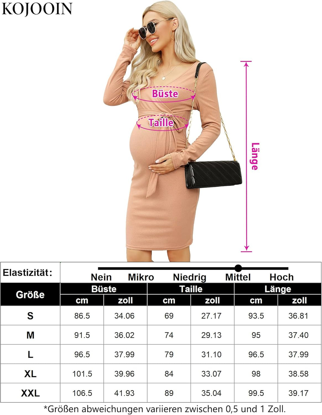 KOJOOIN Damen Umstandskleid Enge Langarm Stillkleid V-Ausschnitt Schwangere Kleider Mutterschaft Sch