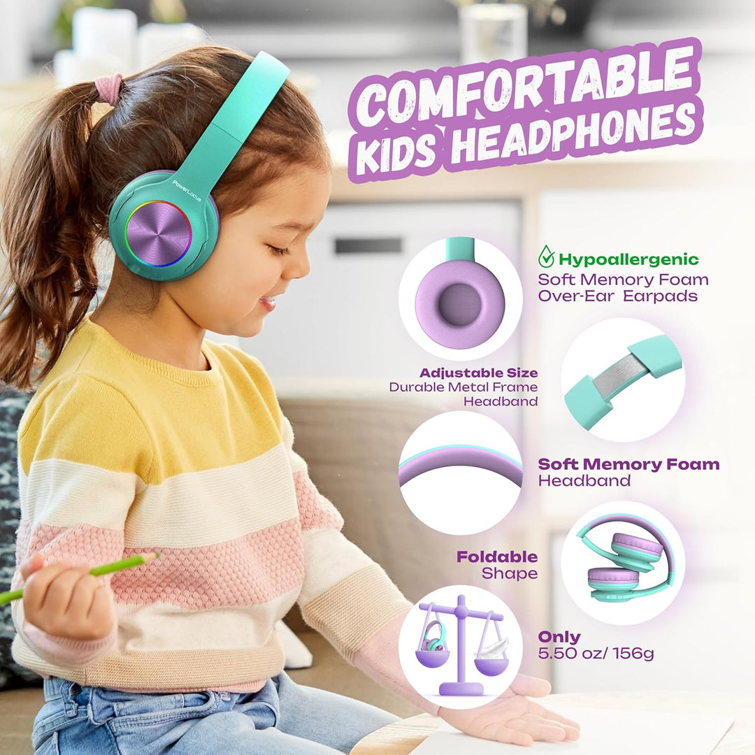 Kinderkopfhörer Bluetooth, PowerLocus Kinder Kopfhörer Kabellos mit LED-Leuchten 74/85/94dB Lautstär