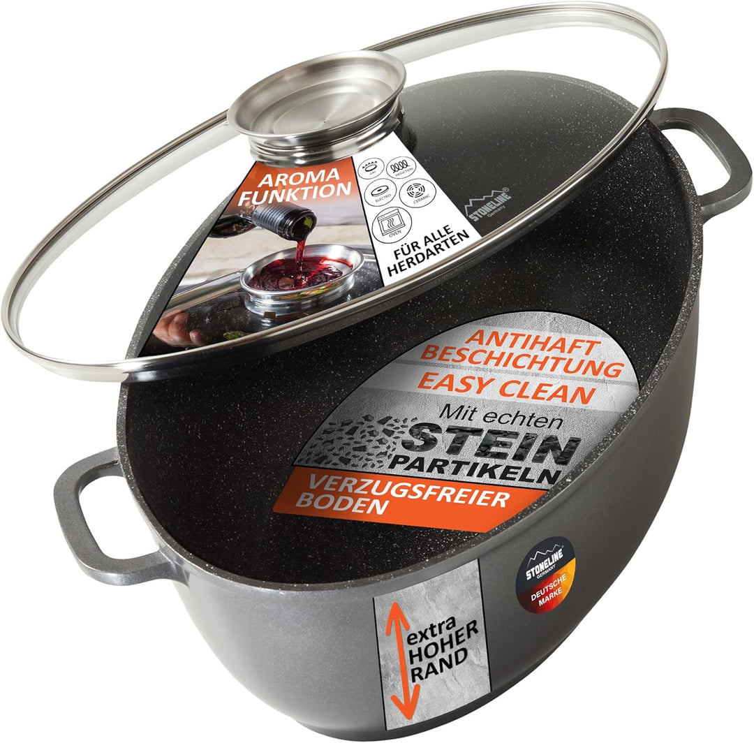 Stoneline Gourmet Bräter, oval, 38,8 x 26,3 cm, 8 L, mit Aroma-Glasdeckel zur dosierten Zugabe von F
