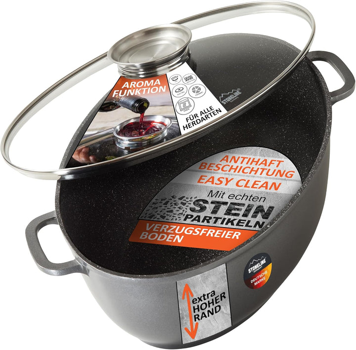 Stoneline Gourmet Bräter, oval, 38,8 x 26,3 cm, 8 L, mit Aroma-Glasdeckel zur dosierten Zugabe von F