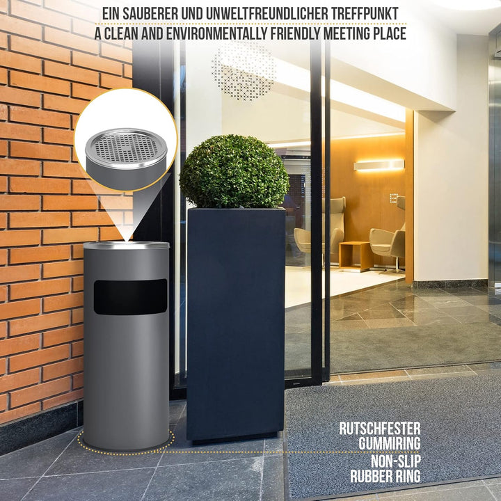 Jago® Standaschenbecher mit Mülleimer - 30 Liter, aus Edelstahl/Eisen, 2 in 1, Inneneimer, Deckel, O