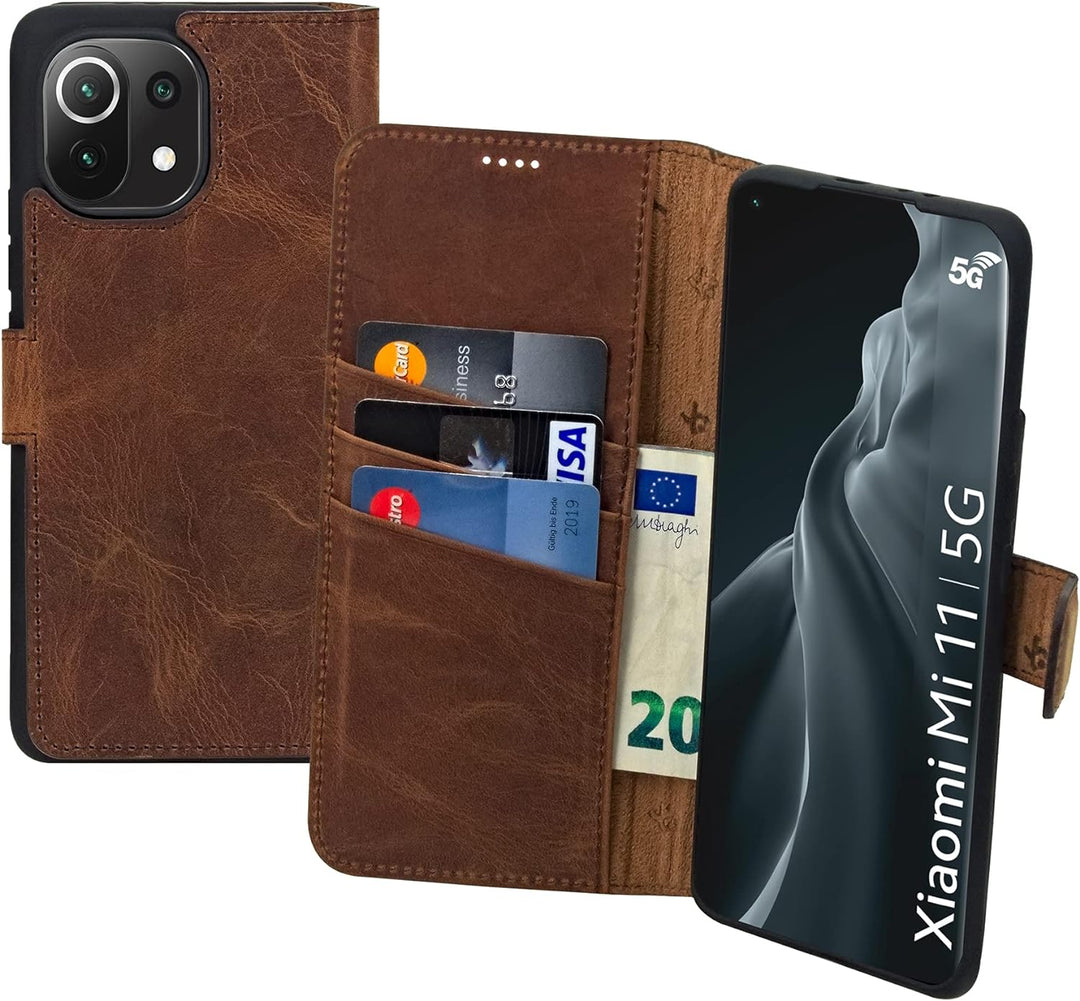 Suncase Book-Style Hülle kompatibel mit Xiaomi Mi 11 Leder Tasche (Slim-Fit) Lederhülle Handytasche