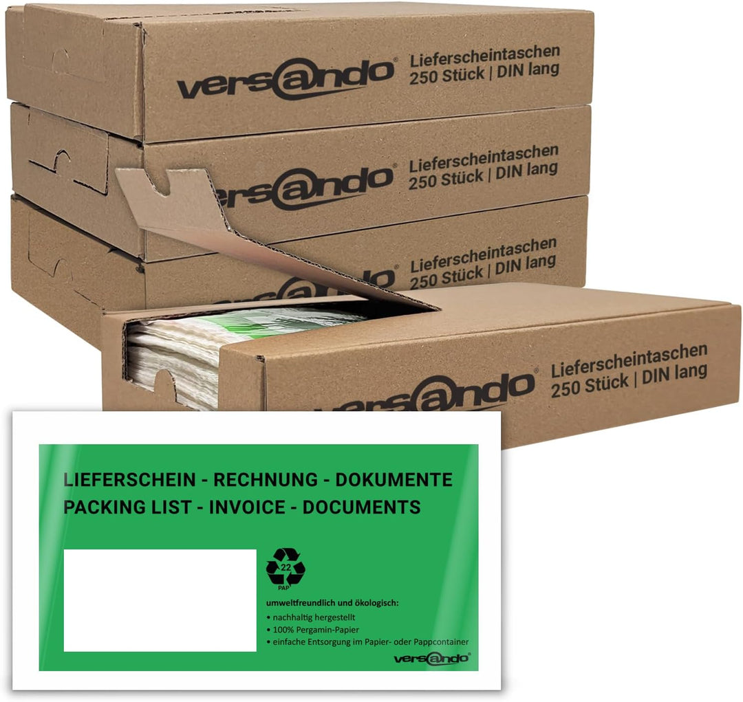 versando 4x250 ökologische Lieferscheintaschen DIN lang selbstklebend 100% Pergamin Papier folienfre
