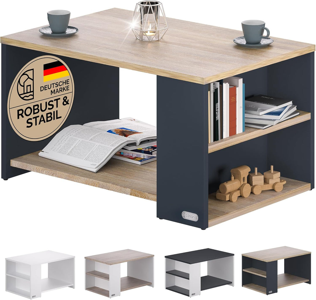 Casaria® Couchtisch Grau Holz mit Stauraum 2 Fächer 90x59x48cm Kratzfest 50kg Belastbar Rechteckig A