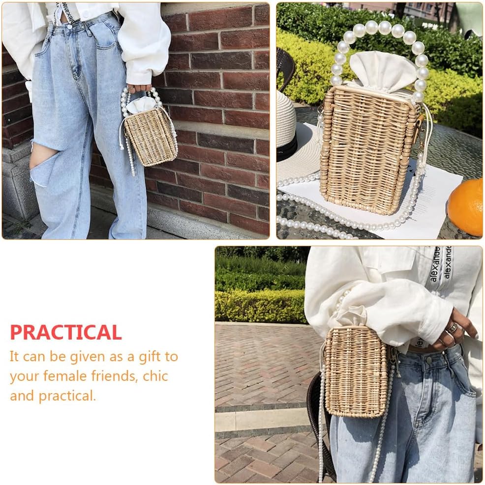 Amosfun Rattan Umhängetaschen Handgemachte Stroh Taschen mit Perlen Perlen Schulter Gurt Und Griff B