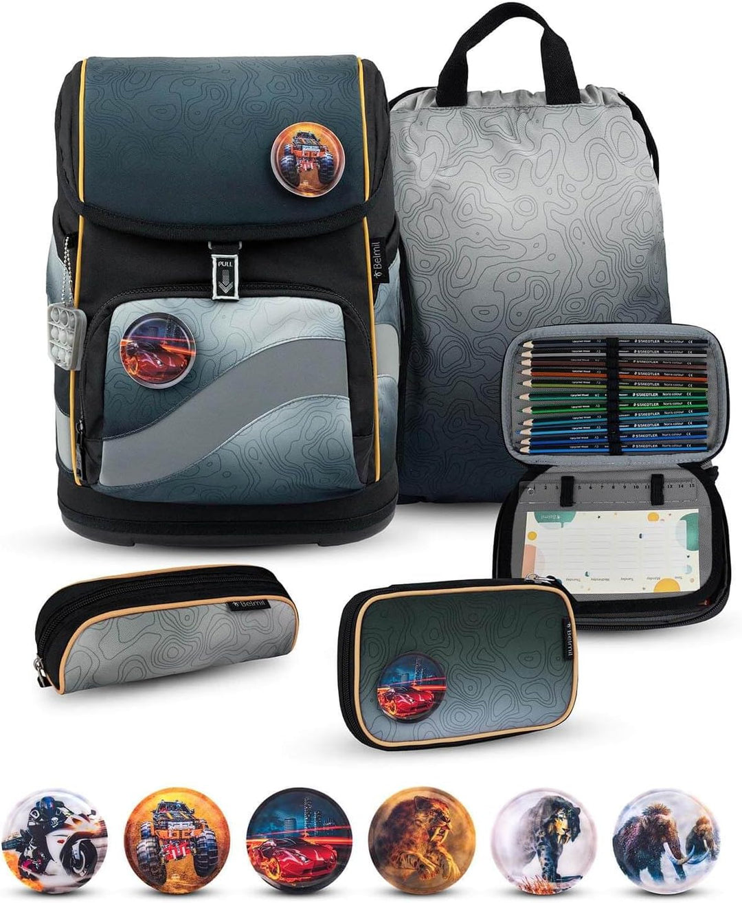 Belmil Smarty Plus Premium Schulranzen Set 405-51/P/S Black Grey, Black Grey