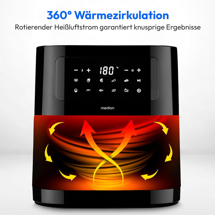 MEDION E40 XL Heissluftfritteuse (5,2 Liter Frittierkorb, 2.150 Watt, 9 Automatikprogramme, Backfunk