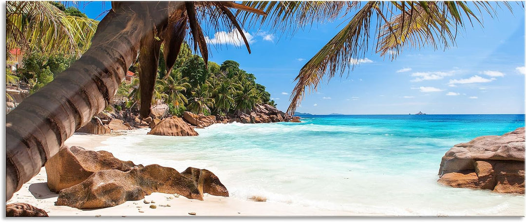 Glasbild Panorama | Wandbild aus Echtglas | Palmenstrand Seychellen | 100x40 cm | inkl. Aufhängung u