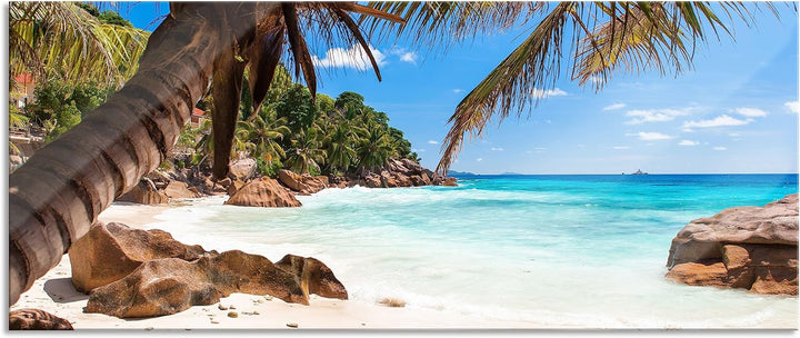 Glasbild Panorama | Wandbild aus Echtglas | Palmenstrand Seychellen | 100x40 cm | inkl. Aufhängung u