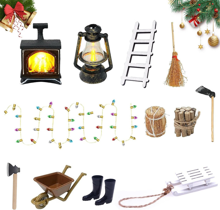 Puppenhaus Miniatur Zubehör Set, 13 Stück Wichtel Zubehör Weihnachten Möbel mit Grusskarten, Miniatu