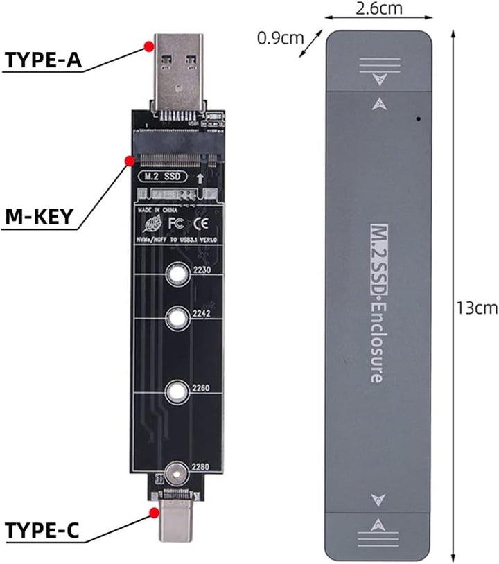 NFHK Combo Typ-C & USB3.0 zu NVME M-Key M.2 NGFF SATA SSD PCBA Gehäuse 2280/2242/2230mm Adapter RTL9
