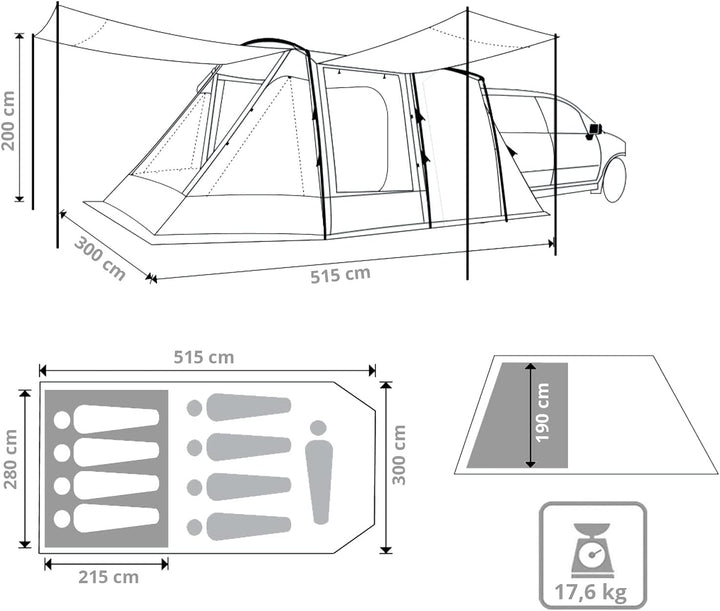 KingCamp Buszelt Capri Heckzelt VW Bus Vor Zelt SUV Van Camping Vorraum 3000 mm