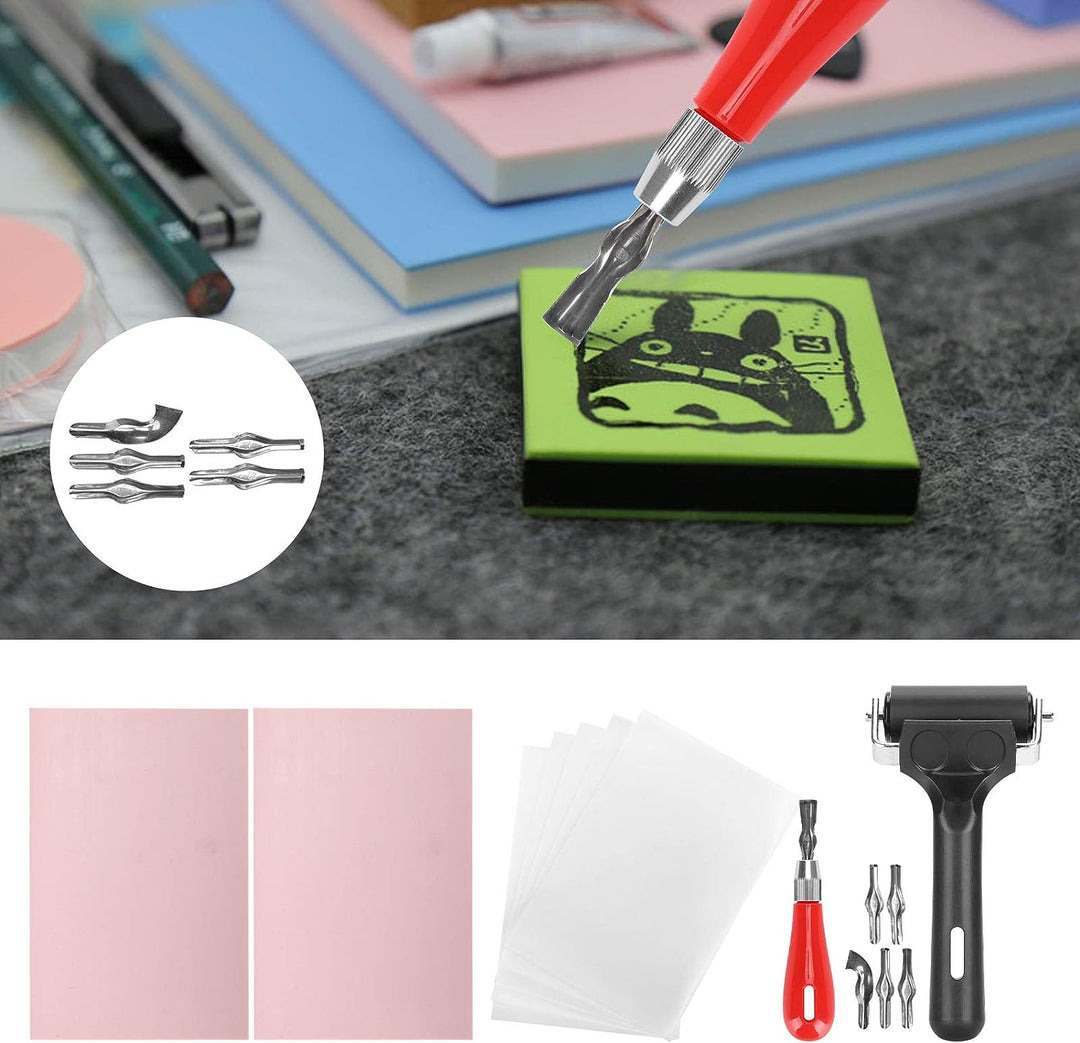 Blockdruck Starter Tool Kit mit Linoleum Schneidwerkzeug, Transparentpapier, Gummiblock, Brayer Roll