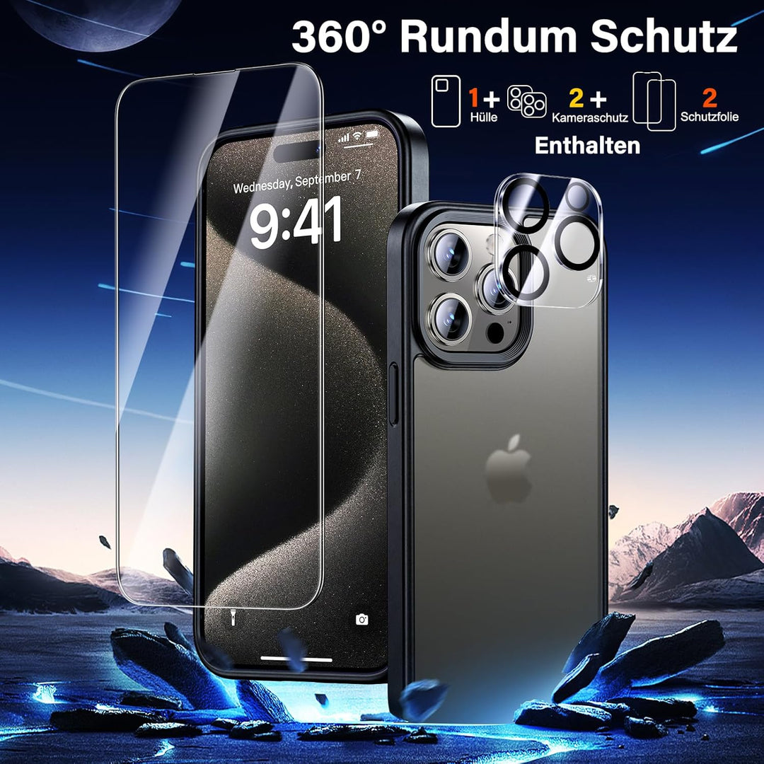 UniqueMe für iPhone 15 Pro Hülle, 5-in-1-Set Handyhülle für iPhone 15 Pro Case Rundumschutz Schutzhü