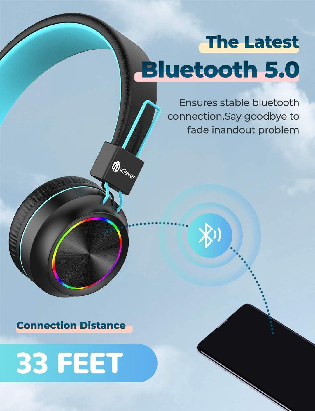 iClever Bluetooth Kinder Kopfhörer, Bunte Lichter LED, 94dB Lautstärkebegrenzung, Faltbare, Einstell
