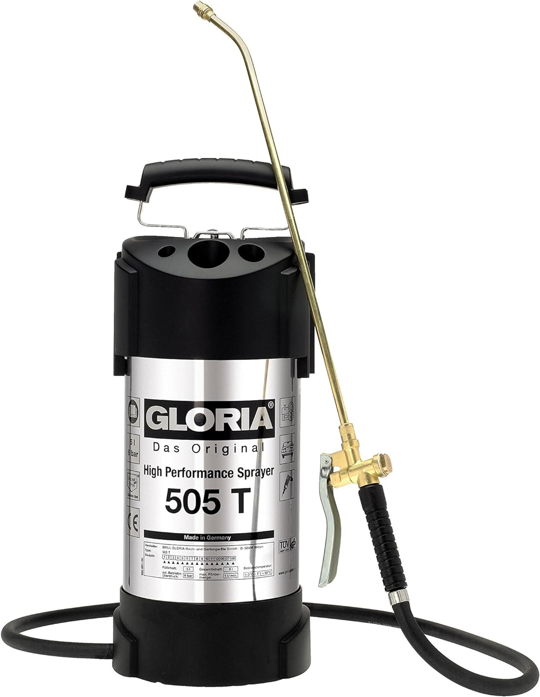 GLORIA Hochleistungssprühgerät 505 T | Gartenspritze | 5 L Füllinhalt | Drucksprüher aus rostfreiem