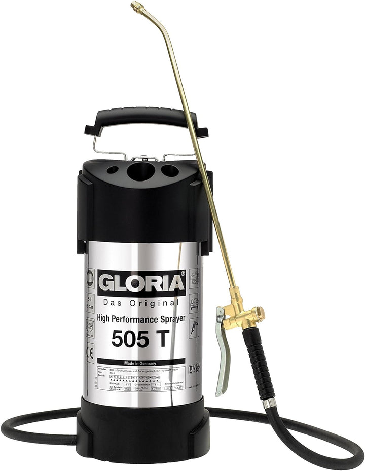 GLORIA Hochleistungssprühgerät 505 T | Gartenspritze | 5 L Füllinhalt | Drucksprüher aus rostfreiem