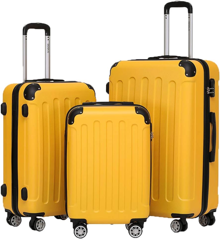BEIBYE- Hartschalenkoffer Koffer Trolley Rollkoffer Reisekoffer Zahlenschloss 4 Zwilings-Rollen (Yel