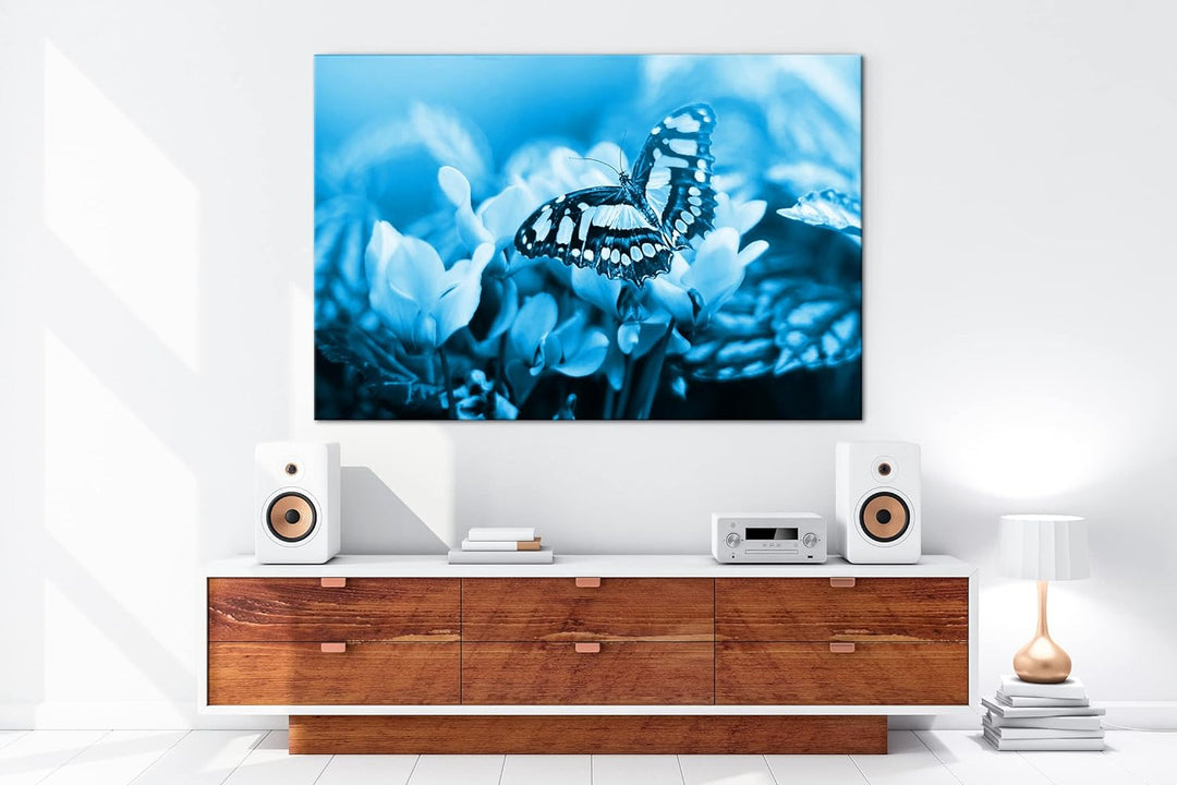 deyoli Pinker Schmetterling Format 80x60 Effekt: Monocrome Blau als Leinwandbild, Motiv fertig gerah