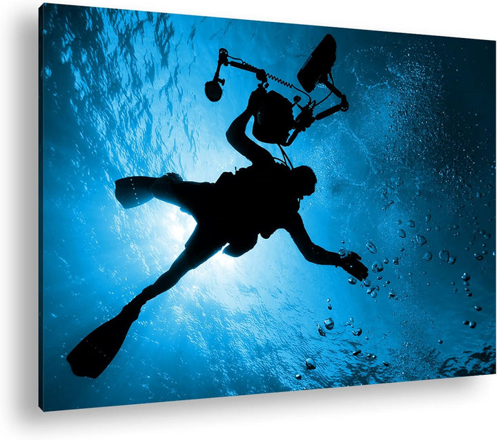 deyoli Taucher im tiefen Ozean Format 80x60 Effekt: Monocrome Blau als Leinwandbild, Motiv fertig ge