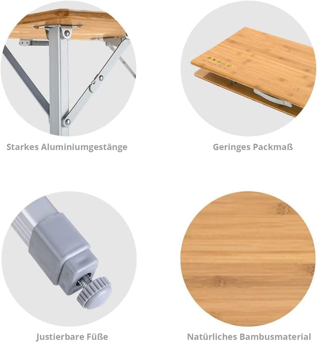 KingCamp Bambus Camping Falt Tisch Garten Klapptisch Alu Holz 3Höhen Verstellbar