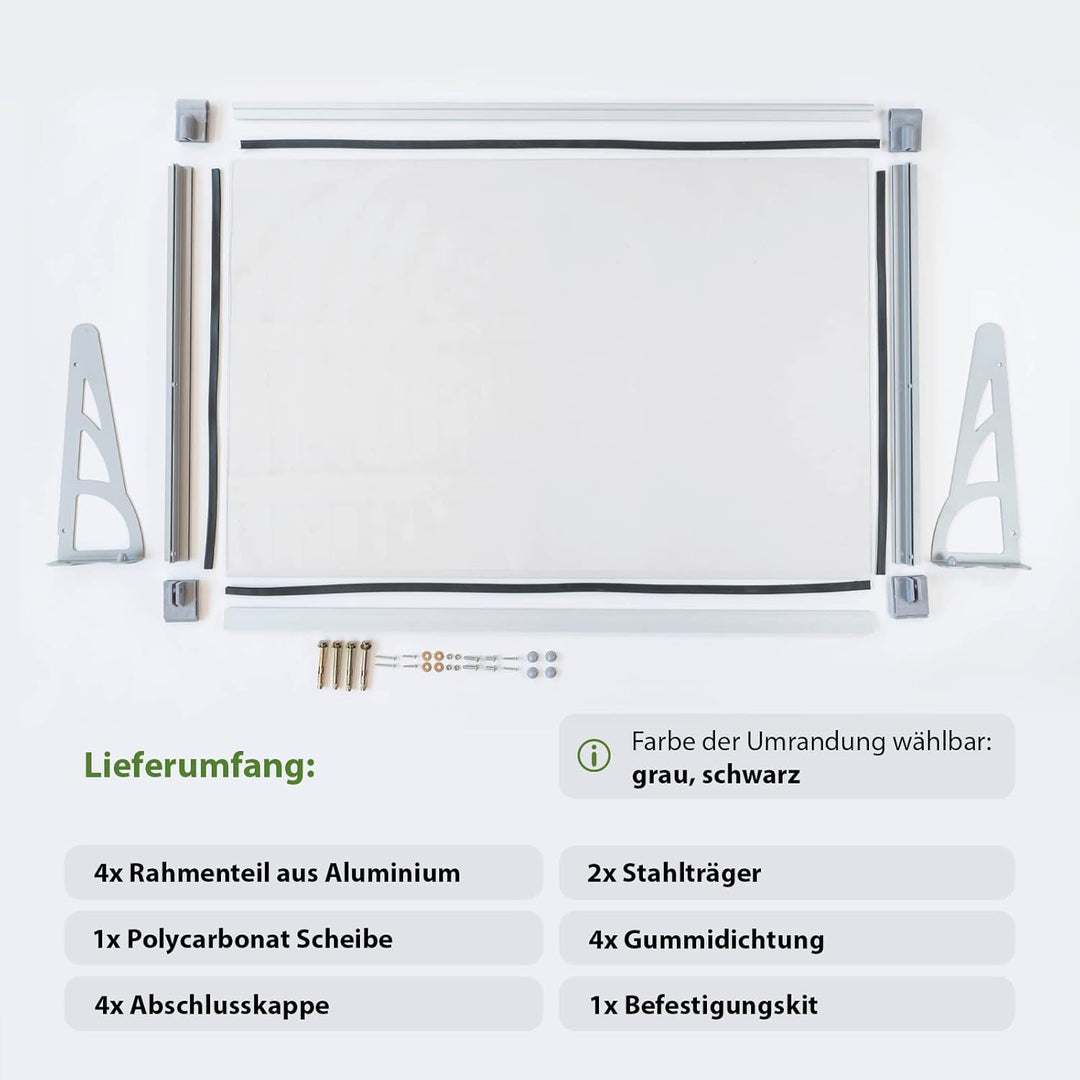 TrutzHolm® Aluminium Vordach Haustürvordach Pultvordach 150 x 90 cm Schneelast 95kg | Polycarbonatpl