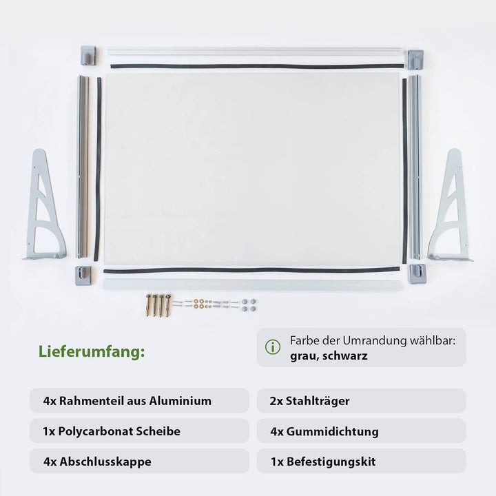 TrutzHolm® Aluminium Vordach Haustürvordach Pultvordach 150 x 90 cm Schneelast 95kg | Polycarbonatpl