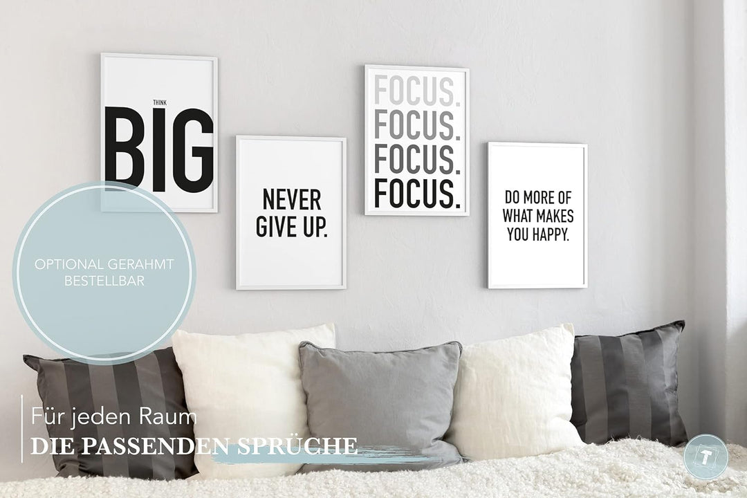 Papierschmiede® Premium Spruchposter Set 4er 50x70 cm (B2), Motiv: Think Big, Focus Leistung Motivat