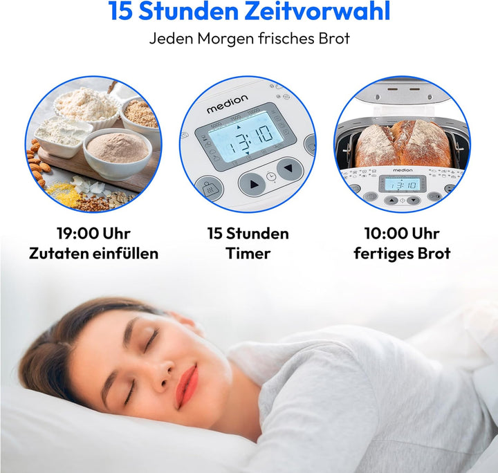MEDION Brotbackautomat (Brotbackmaschine, 550 Watt, bis zu 1000g, 19 Backprogramme, 3 Bräunungsgrade