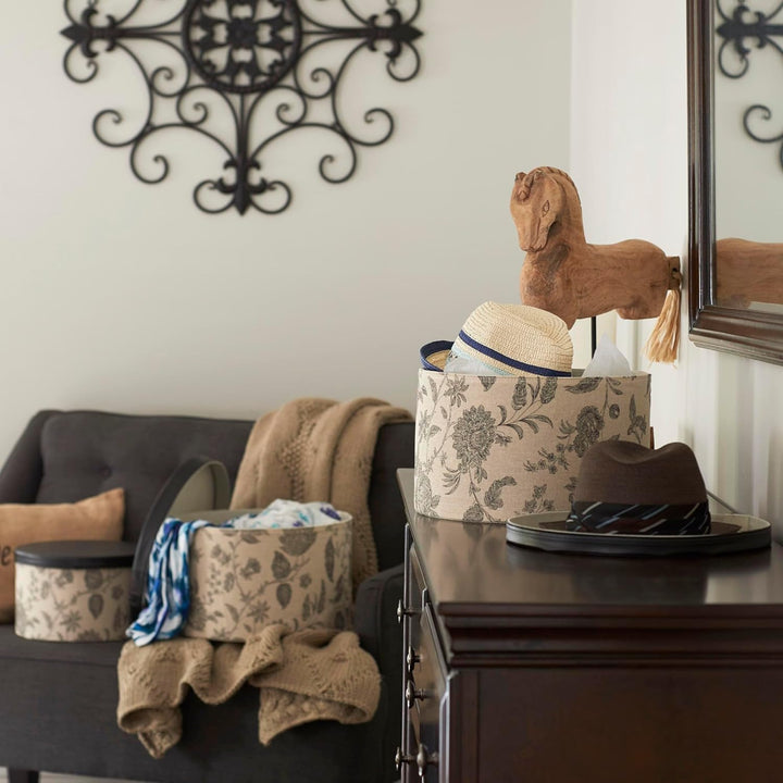 Household Essentials 3-Piece Hat Box Set with Faux Leather Lids, Floral Pattern Blumenmuster, Blumen