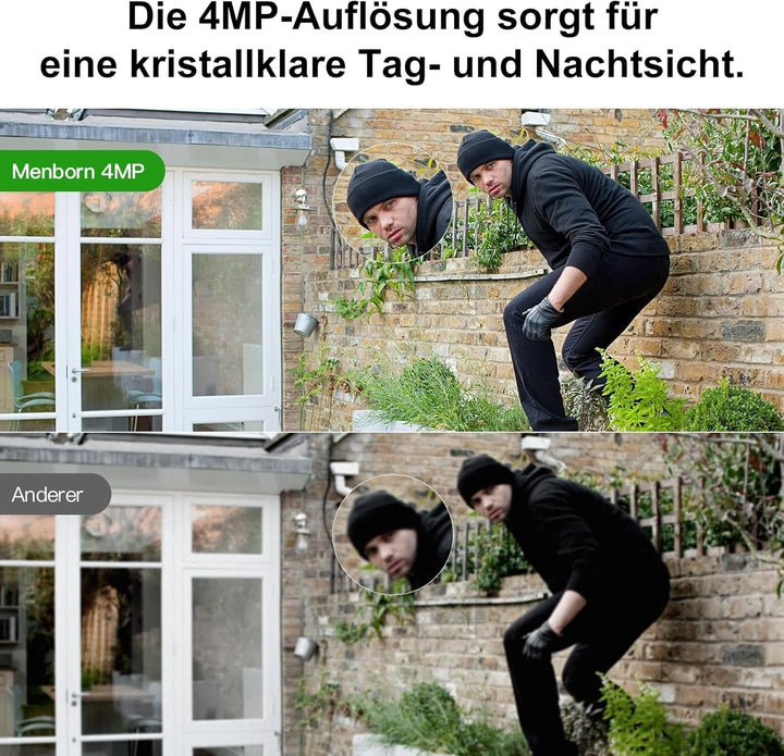 Menborn Überwachungskamera Aussen 2.5K/4MP, Aktualisierte Kamera Überwachung 360° mit Starlight Farb