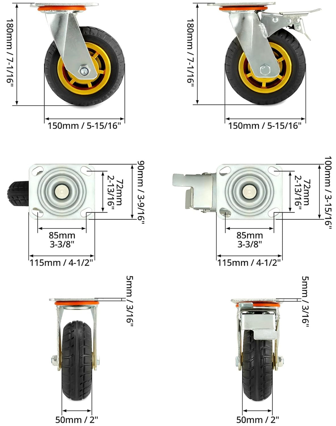 QWORK 4 Stück 150mm schwerlastrollen - bis 250 kg pro rolle - stossdämpfung lenkrollen für möbeltran