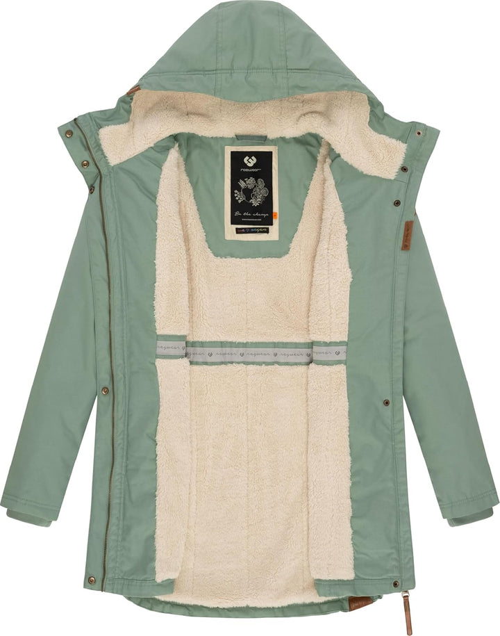 Ragwear Damen Mantel Lange warme Winterjacke mit Teddyfell-Kapuze Elsie Intl XS-5XL S Dusty Green24,