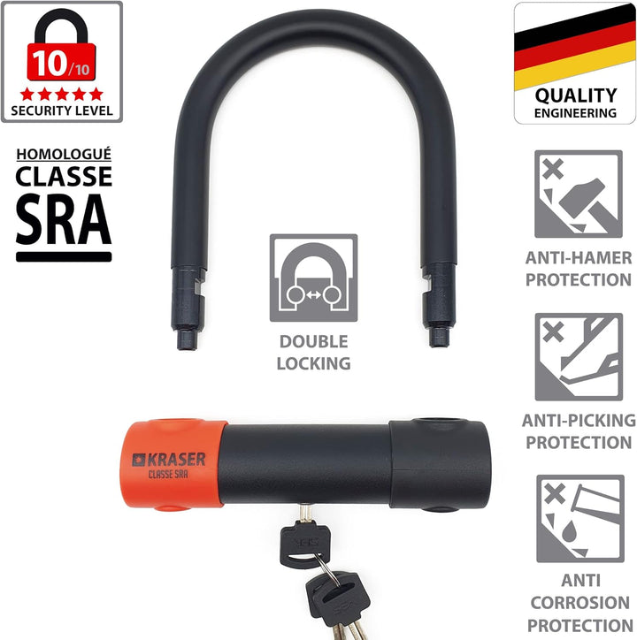 KRASER KR120S Solid U Vorhängeschloss SRA-geprüftes Motorradschloss Diebstahlschutz Motorrad Sicherh