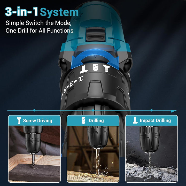 Akkuschrauber 21V, LEEIKOO Akku Bohrschrauber 42N.m, Akku Bohrmaschine, 25+3 Drehmomentstufen, 10mm