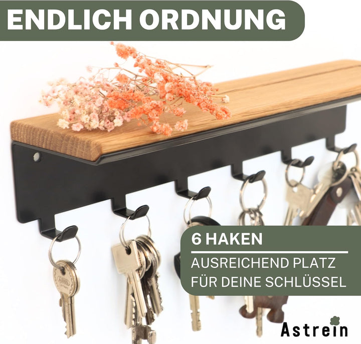 Astrein® | Schlüsselbrett mit 6 Haken | Schlüsselboard aus Holz | Eiche | Wandorganizer | Schlüsselk