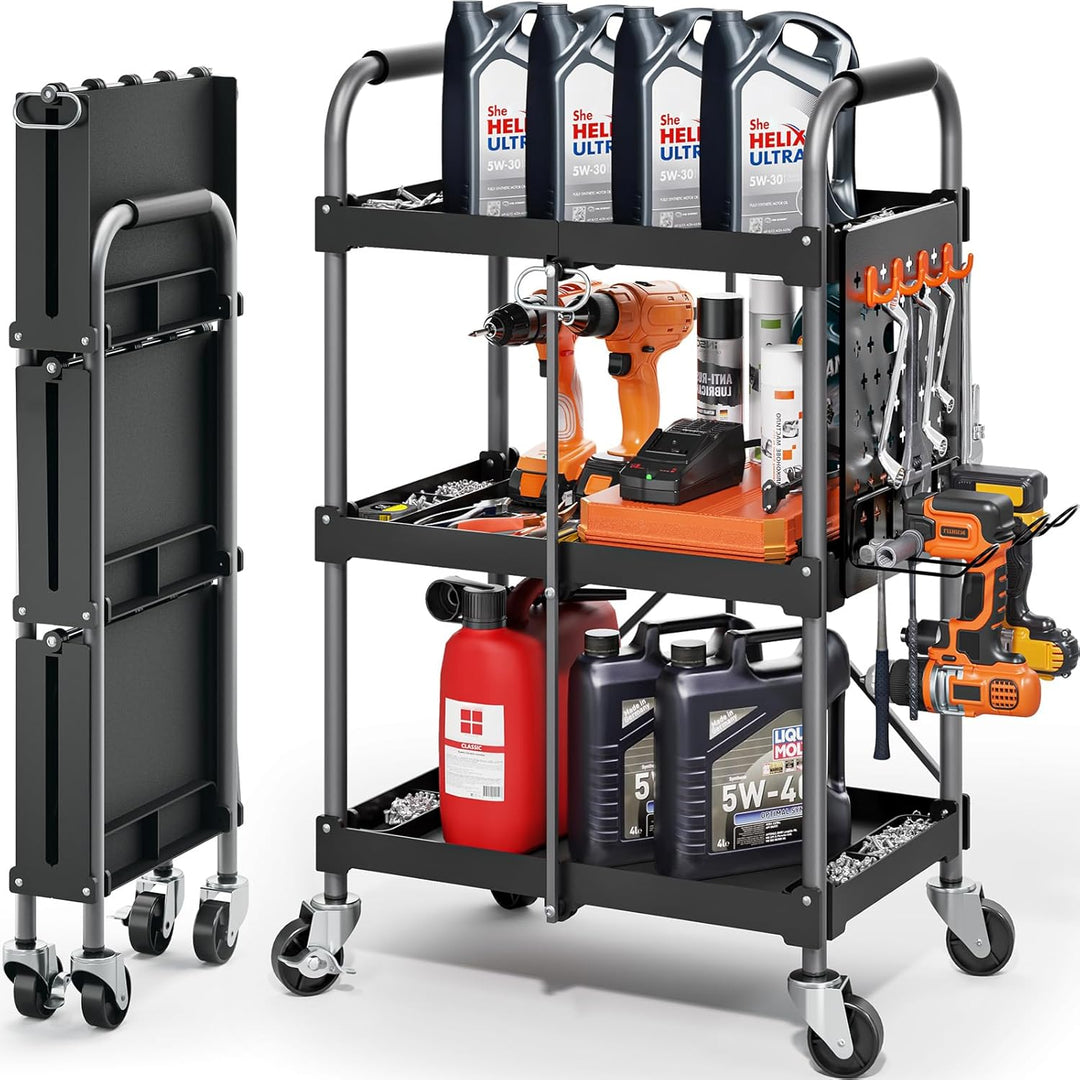 KINGRACK 3-Ebenen servierwagen klappbar mit Rollen ergonomischem Griff, klappbar Allzweck-Dienstwage