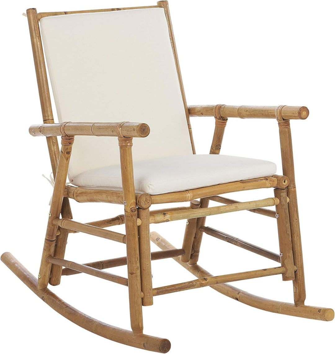 Garten Schaukelstuhl Bambus hellbraun mit Armlehnen Auflage weiss Boho Frigole