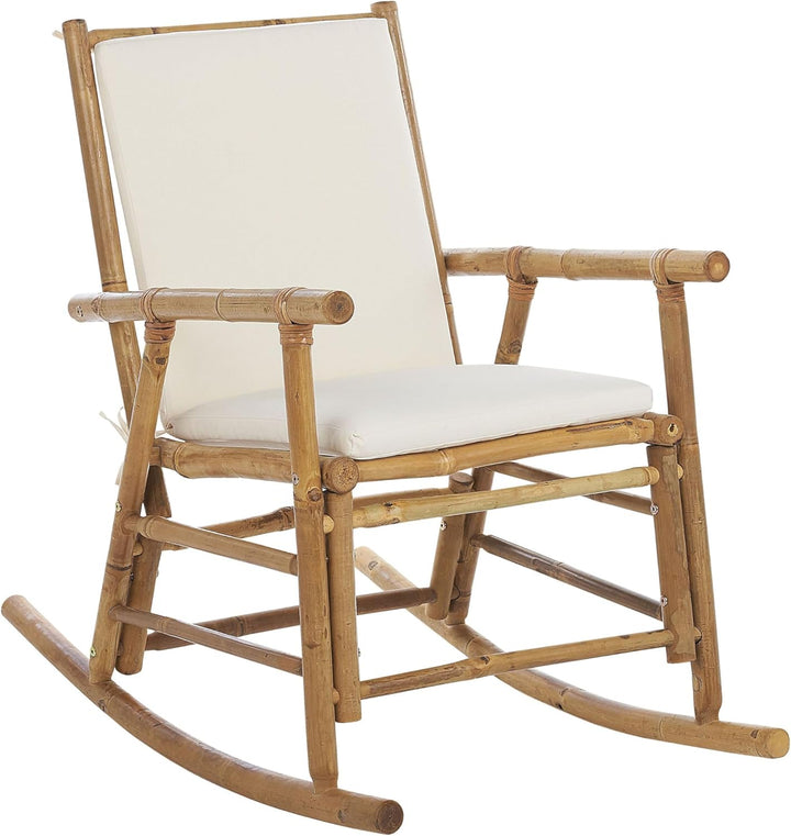 Garten Schaukelstuhl Bambus hellbraun mit Armlehnen Auflage weiss Boho Frigole