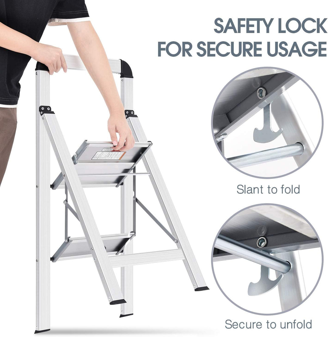 KINGRACK Stufenleiter, Trittleiter 2 Stufen, Klapptrittleiter mit Handlauf, rutschfeste Haushaltslei