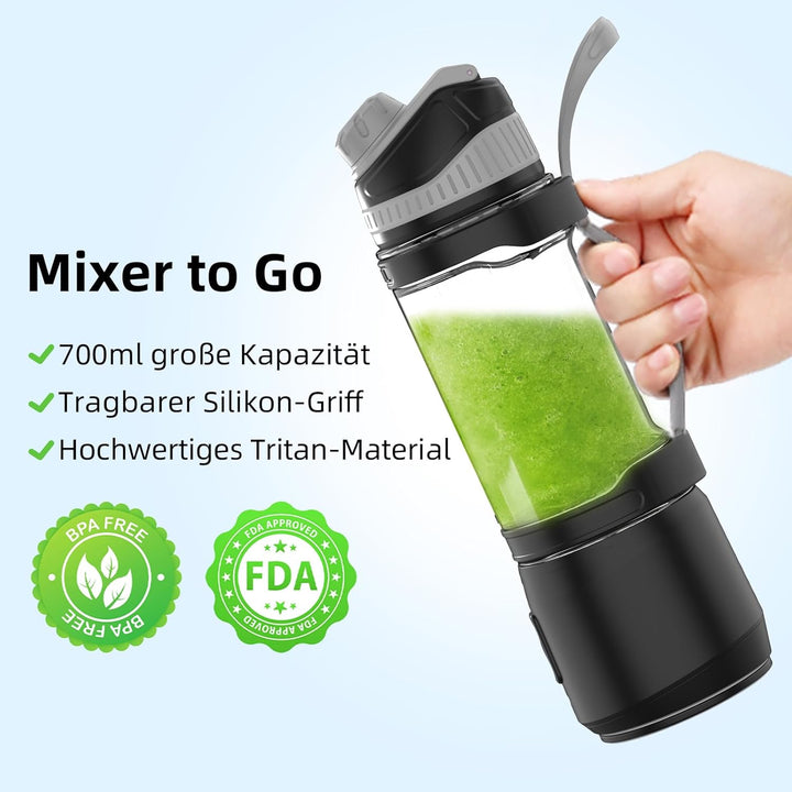 DENOKIN Tragbarer Mixer, 700ml Smoothie Maker to Go, Mini-Standmixer mit 6-Klingen Edelstahl, Wieder
