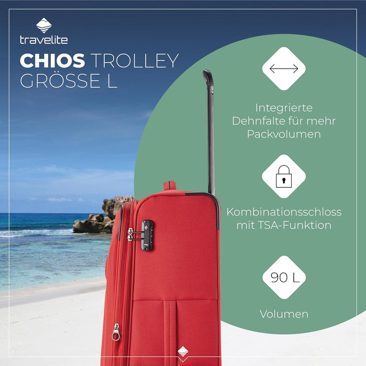 travelite 4-Rad Koffer Grösse L Weichschale, Gepäck Serie CHIOS mit Dehnfalte + Kantenschutz, Trolle