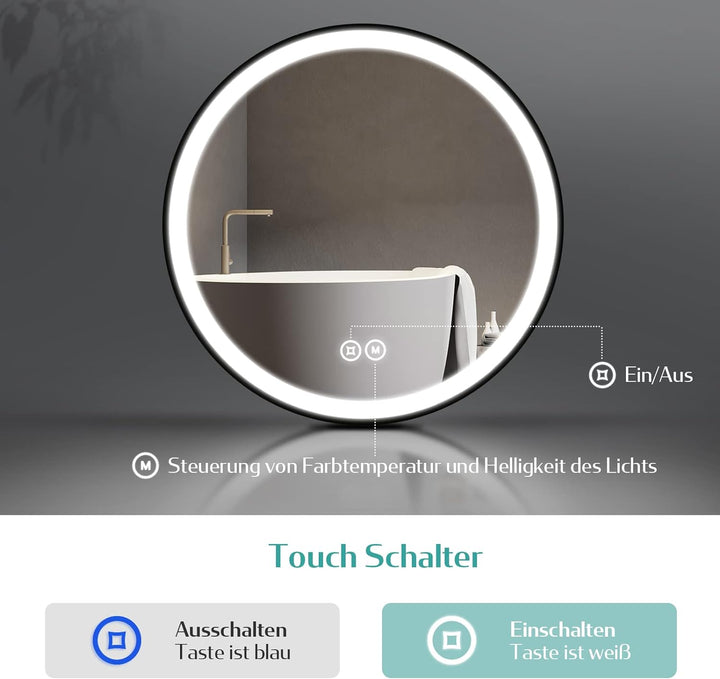 EMKE Badspiegel Rund 60 cm Badspiegel mit Beleuchtung mit Touch/ 3 Lichtfarben Dimmbare/Speicherfunk