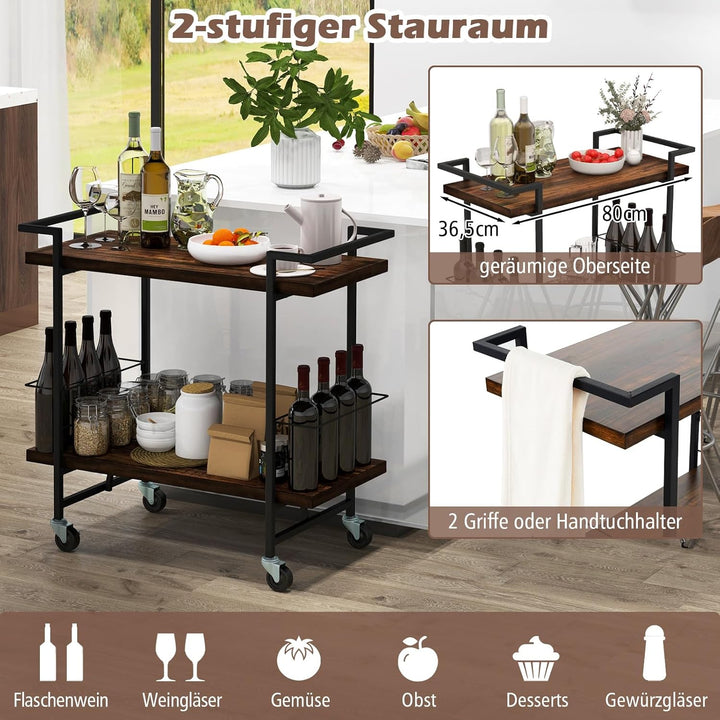 COSTWAY Servierwagen mit Rollen, Küchenwagen Industrie-Design, seitlicher Schutz für Weinflaschen, 2