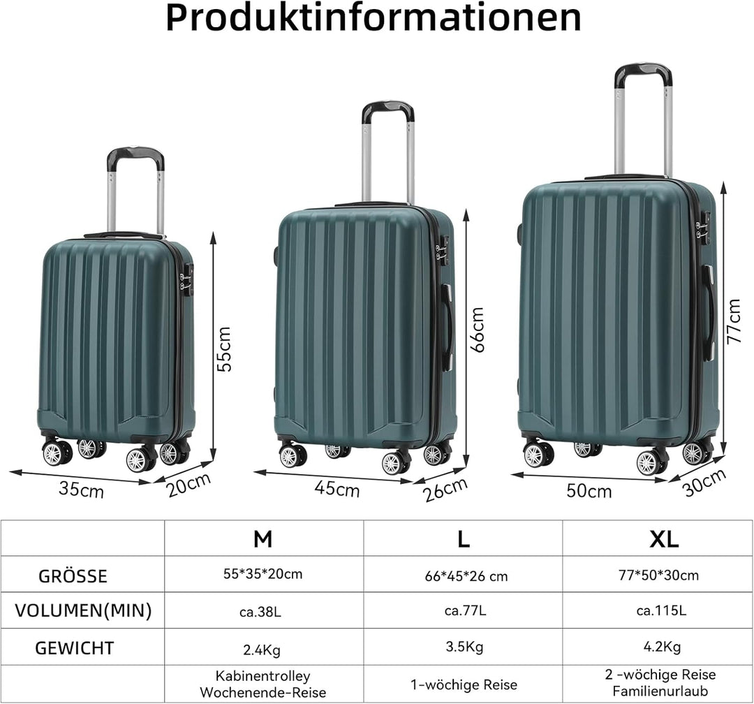 BEIBYE TSA-Schloss 2080 Zwillingsrollen 3 TLG. Reisekofferset Koffer Kofferset Trolley Trolleys Hart
